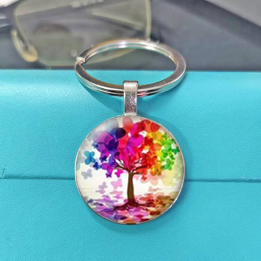 Rainbow Floral Confetti Tree Glass Key Chain, Love Shape Canopy Four Season Art Pattern Cabochon Key Holder