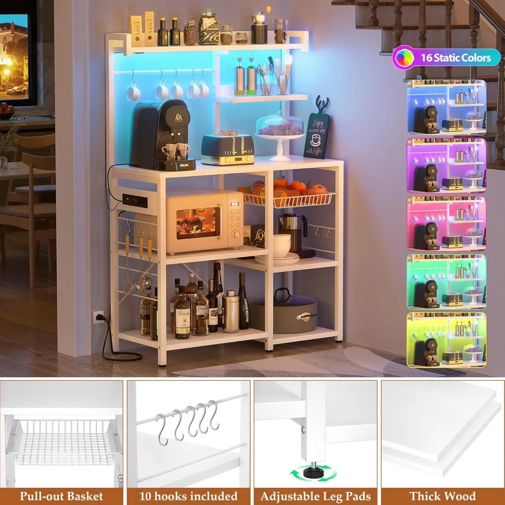 Bakers Rack with Power Outlet and LED Light Strings, Microwave Oven Stand Kitchen Storage Shelf with Wire Basket