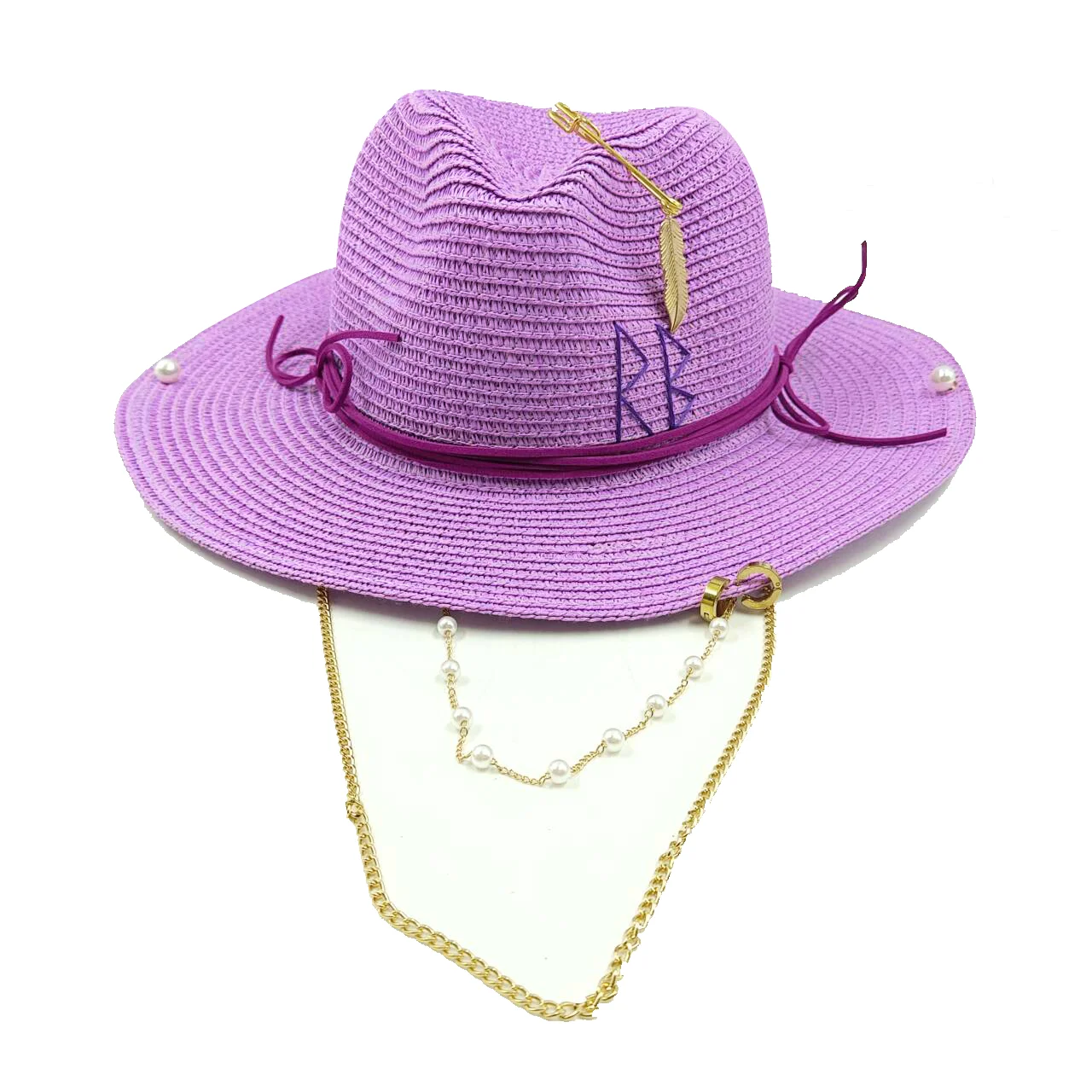 Personalized hat straw hat pearl chain DIY jazz hat sun hat new letter hat beach hat men\'s and women\'s punk hat candy color