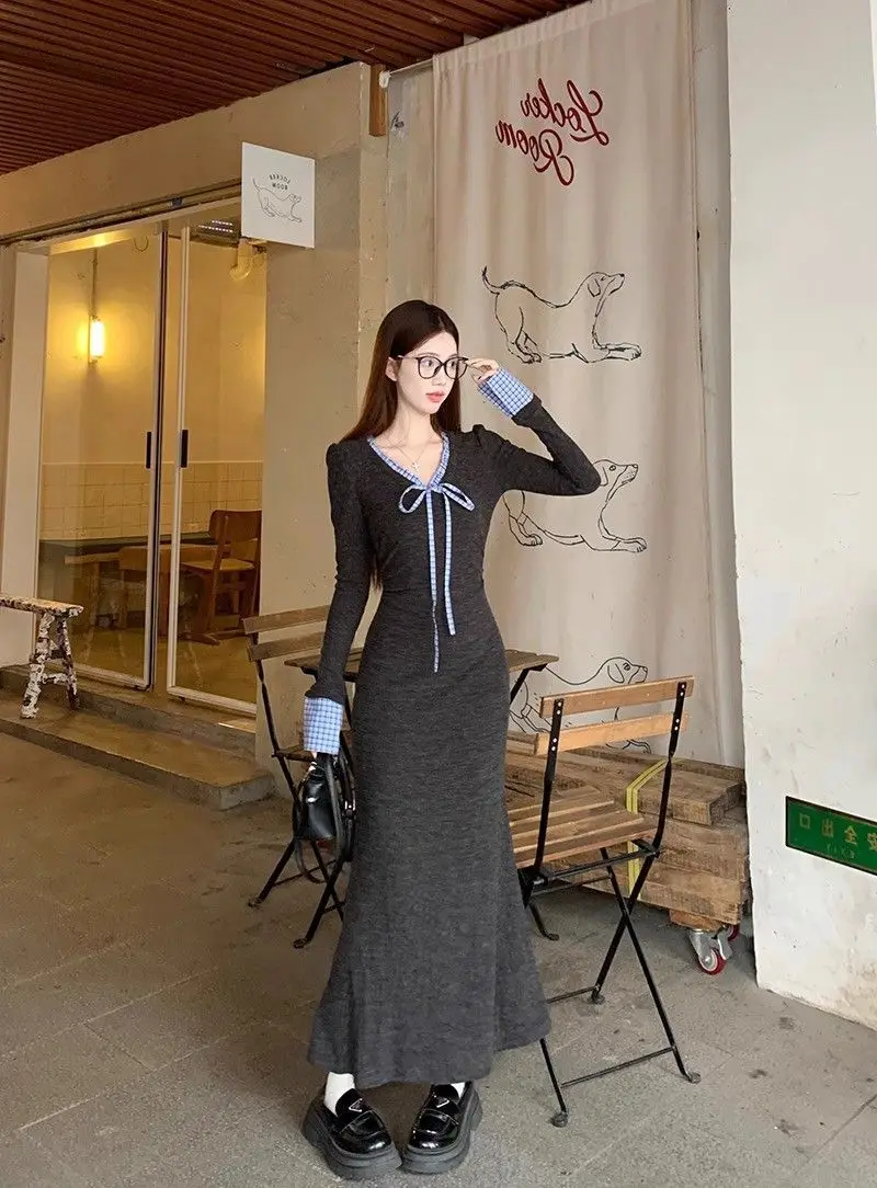 Sukienki Damskie z Długim Rękawem Średniowieczna Wiosenna Sukienka z Cupro Różowa Falbana Kokarda Linia A Uniwersalna Słodka Kawaii Lekka Miękka Prosta