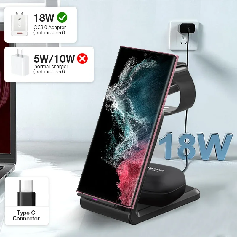 حامل شاحن لاسلكي VIKEFON 3 في 1 لهاتف iPhone 16 15 14 13 12 Samsung Galaxy Apple Watch Airpods Pro محطة شحن سريعة