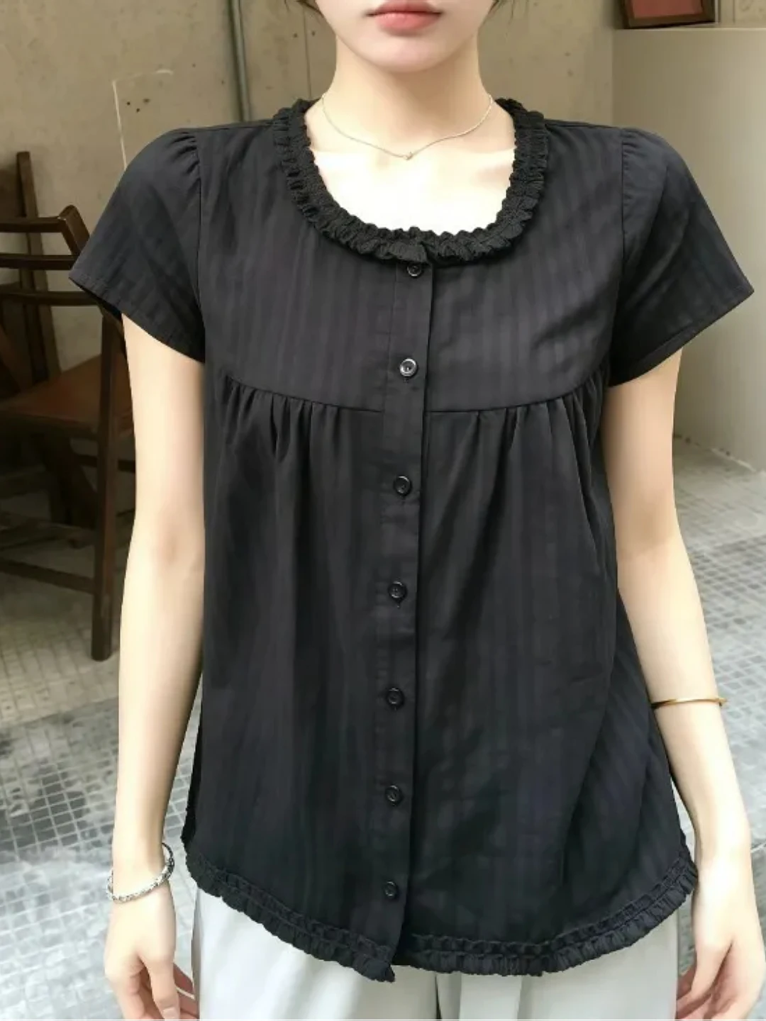 

plus Size Women's Korean Style round Neck Striped Single Button Shirt Breathable Comfortable Summer New Style Fashion Top