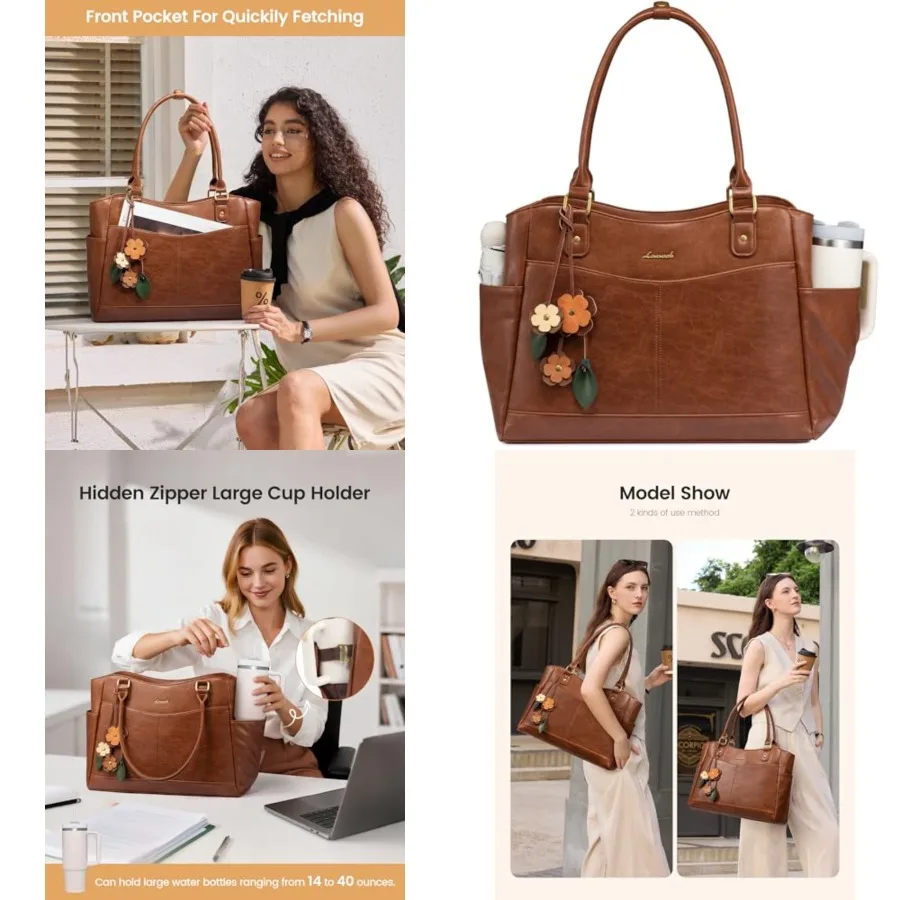 

LOVEVOOK Laptop Bag for Women, Original Vintage Work Tote Bag Computer Office Teacher Bag with Flower Pendant
