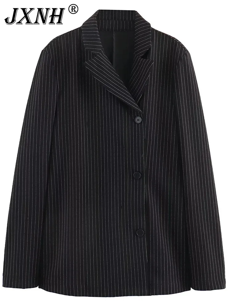

Женский Повседневный Блейзер JXNH, черный свободный пиджак в полоску на пуговицах, с отложным воротником и длинным рукавом, весна-осень 2024