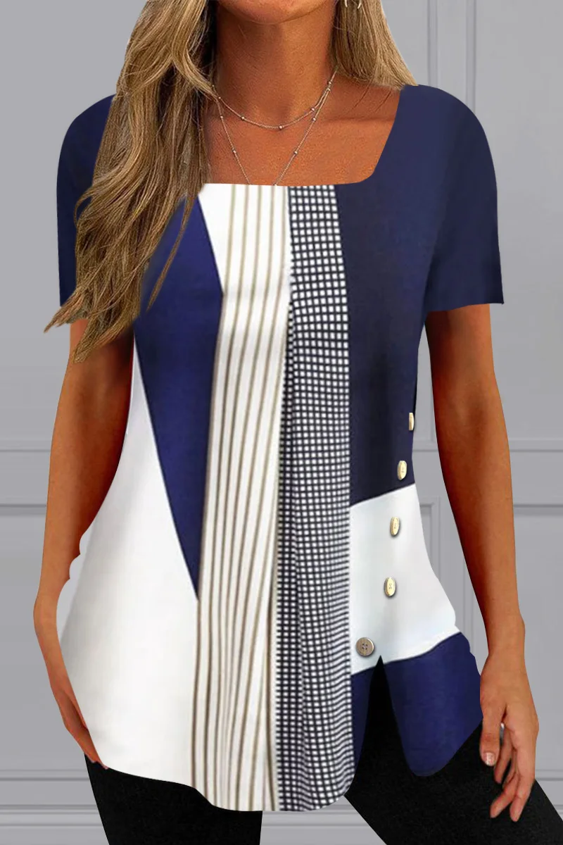 

Plus Size Square Neck Decorative Button Short Sleeve Constrast Blouses