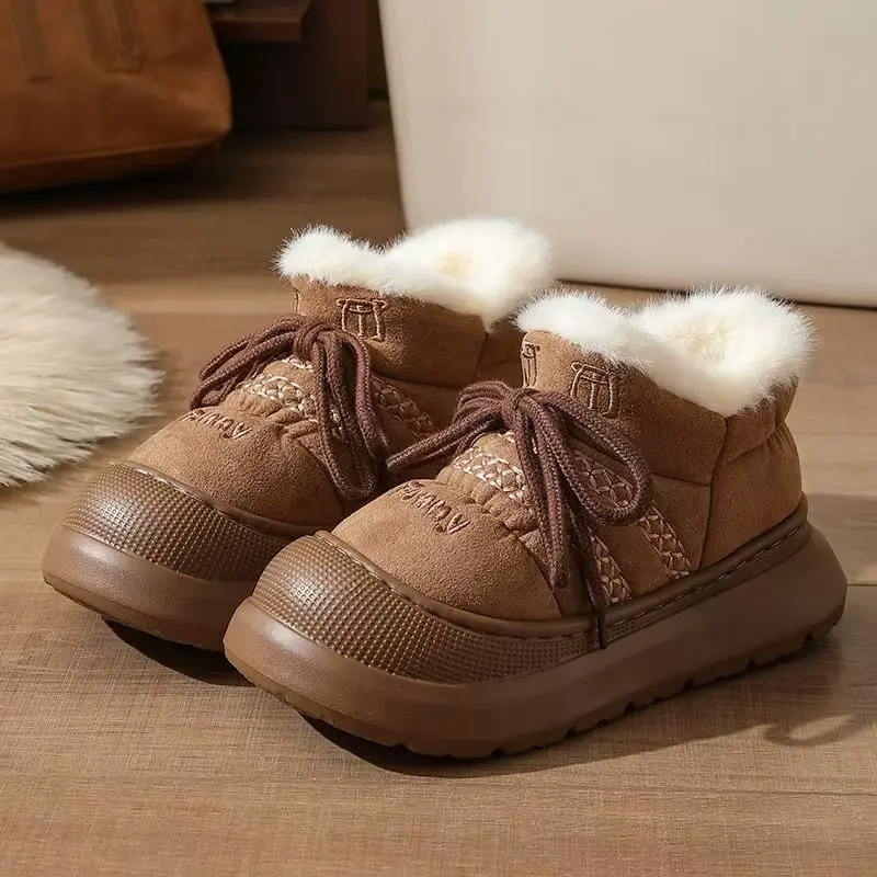 

Женские зимние новые утепленные хлопковые ботинки до щиколотки на толстой подошве, нескользящие, с круглым носком, без шнуровки, плюшевые, сохраняющие тепло, домашняя хлопковая обувь, зимние сапоги