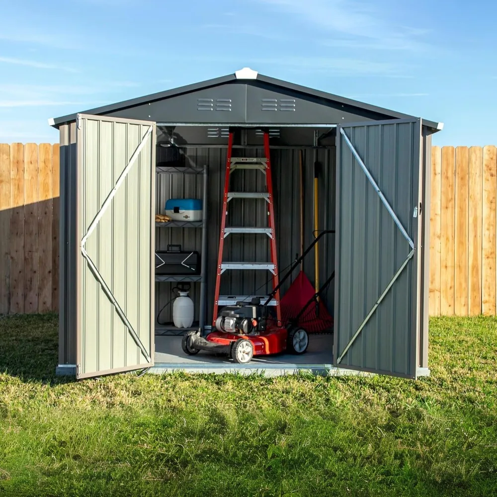 8x6 Metal Outdoor Galvanized Steel Storage Shed with Swinging Double Lockable Doors for Backyard or Patio Storage of Bikes