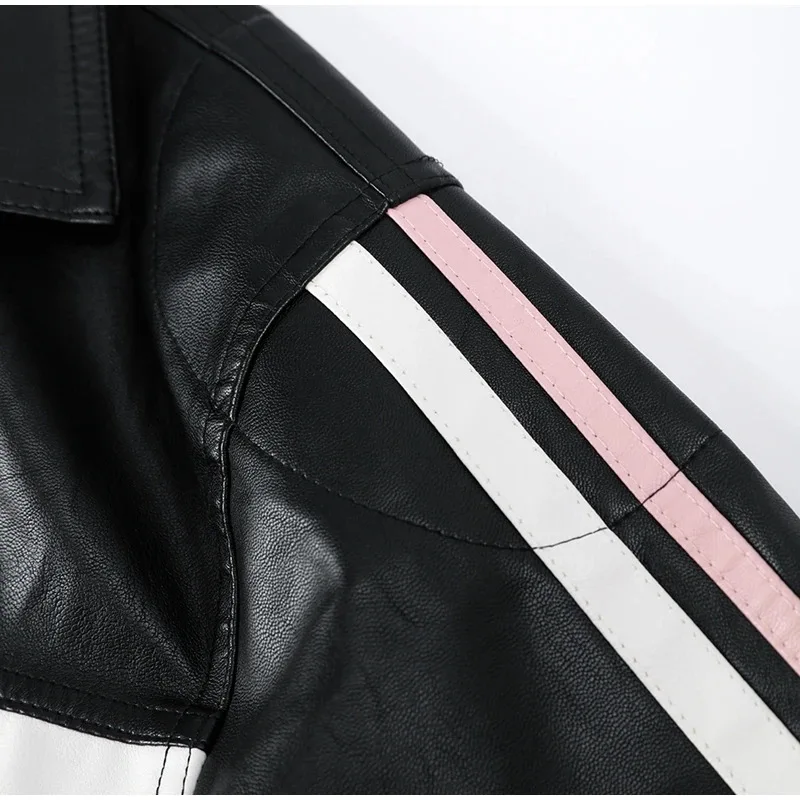 CGC-Chaqueta informal de piel sintética para mujer, moda coreana, cuello de solapa, prendas de vestir exteriores con cremallera, abrigos y chaquetas para señora nueva 2024