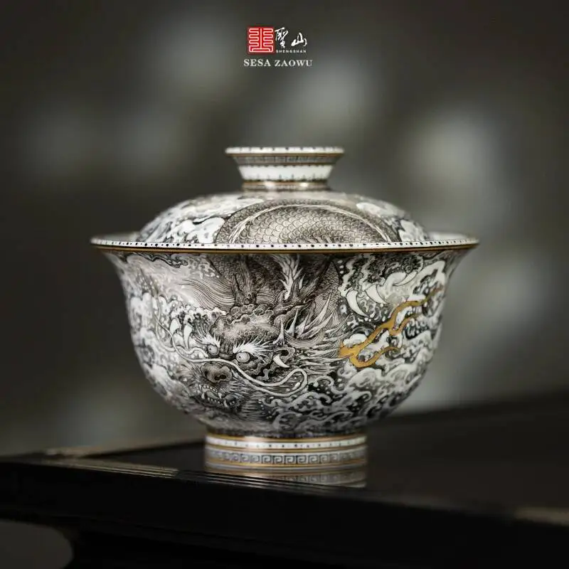 Sacred Mountain High-End Set Jingdezhen Handmade Hand-Painted Pastel Ink Dragon Gaiwan Cup For Brewing Tea