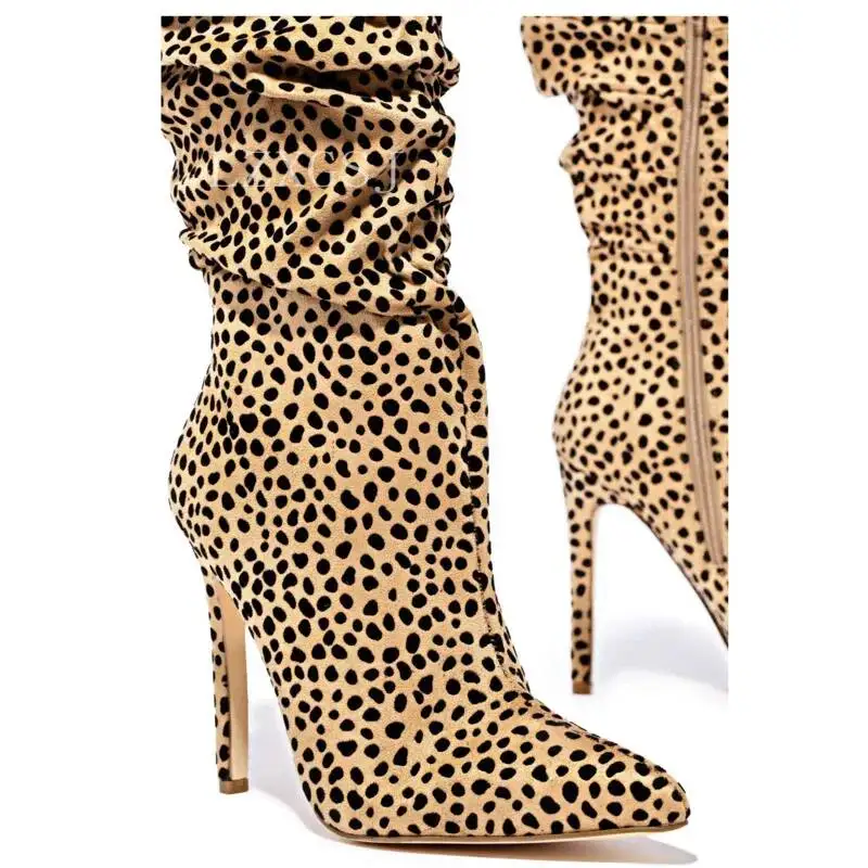 Ruched Tiger Stiletto Knee Boots Leopard Print Pointed Toe High Heels Women\'s Boots Lady Catwalk Shoes