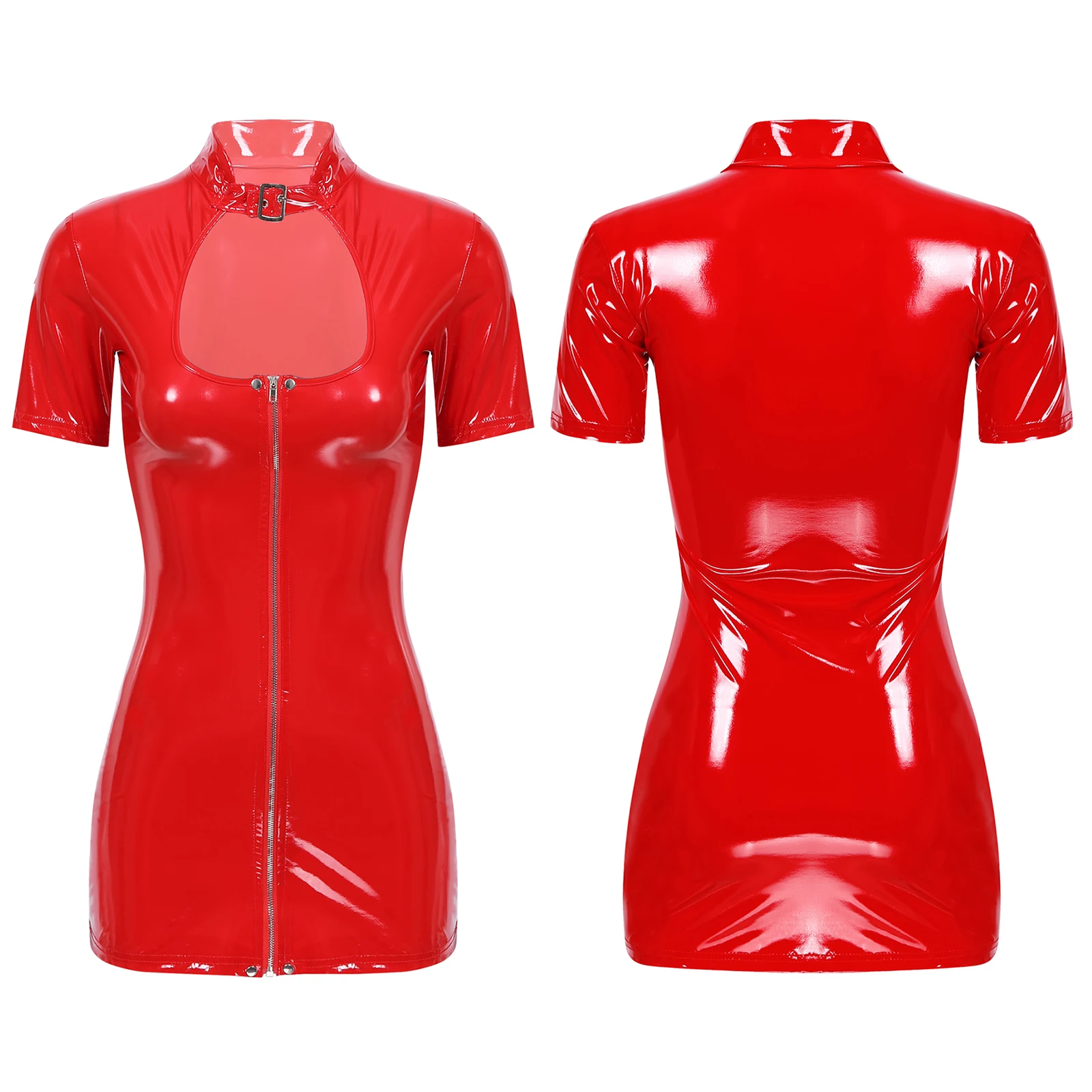 Abito da donna in pelle verniciata Wetlook nero/rosso con cerniera in lattice aderente Mini abito scava fuori Pole Dance Raves Party Clubwear