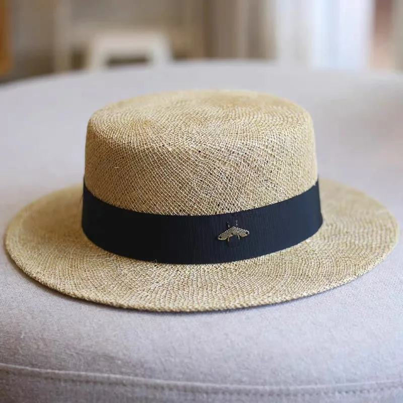 Fashion Raffia And Straw Two Layer Splicing Sunscreen Straw Hat Spring Summer British Flat Top Panama Sunshade Bee Beach Hat