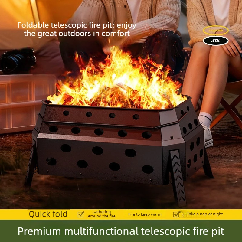 Portable Octagon Camping Fire Pit Foldable BBQ Grill Detachable Steel Bonfire Stand Outdoor Garden Use
