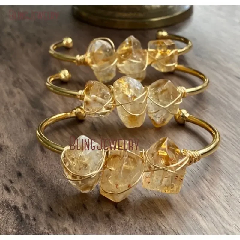 10pcs Citrine Quartz Women K Gold Color Bangle Couple Bracelet Wrapped Natural Stone Cuff Birthstone Crystal Bridal Jewelry Gift