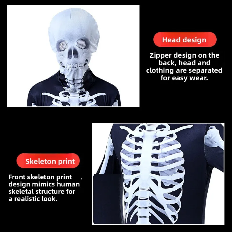 Kostium szkieletu dla dzieci, straszny strój, kombinezon, zestaw kostiumów na Halloween, strój na występy, rekwizyty sceniczne, kolekcja zimowa