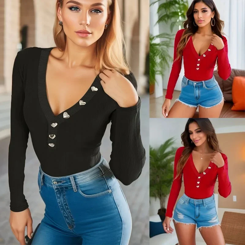 

2024 New Arrival Popular Hot Sale Women's V-neck Button-up Tight T-shirt Black&Red Long Sleeve Ladies Clothes V Neck T Shirts