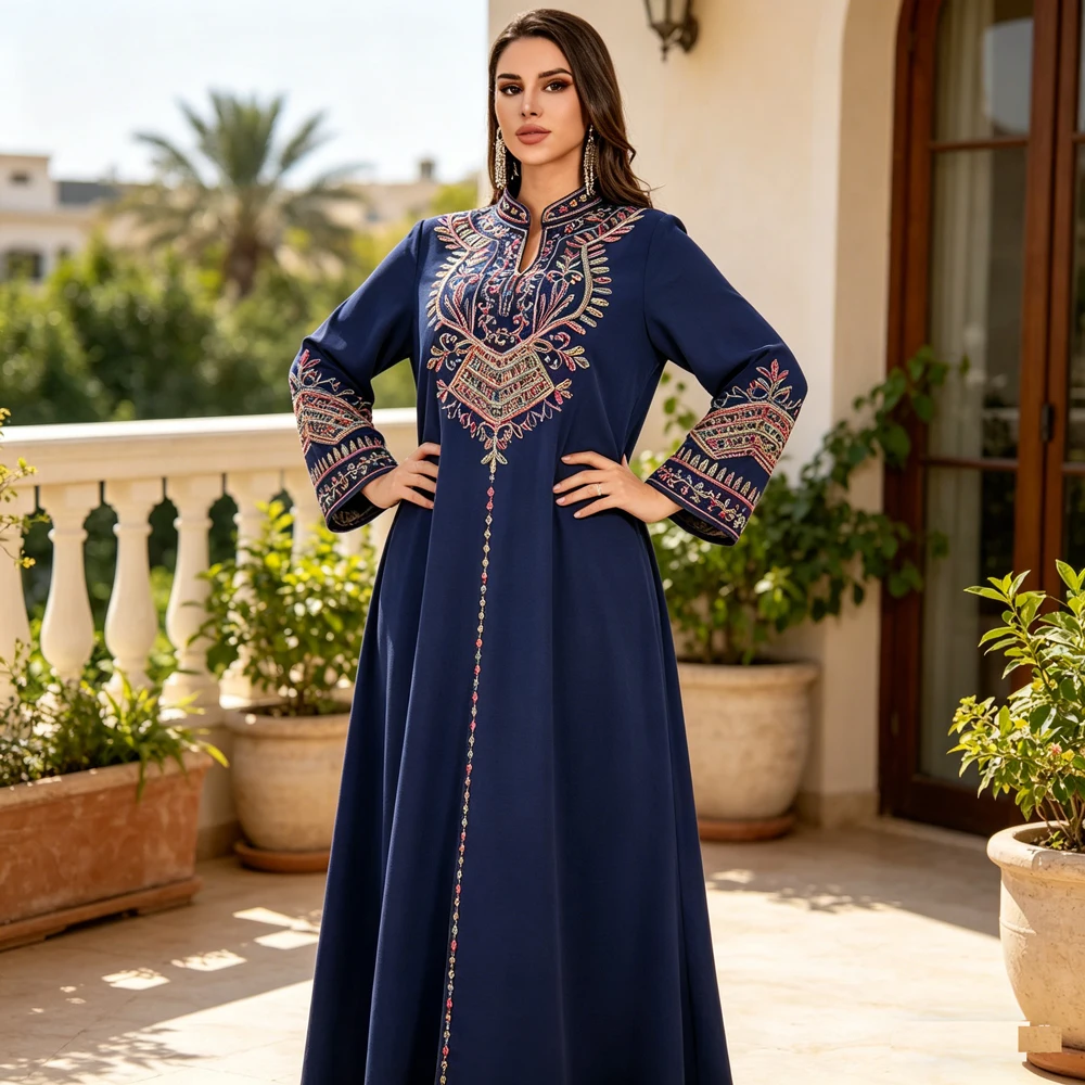 

Fashion Colorful Floral Embroidered Abaya Dress Dubai Long Sleeve Kaftan Maxi Gown Loose Casual Evening Banquet Party Jalabiya