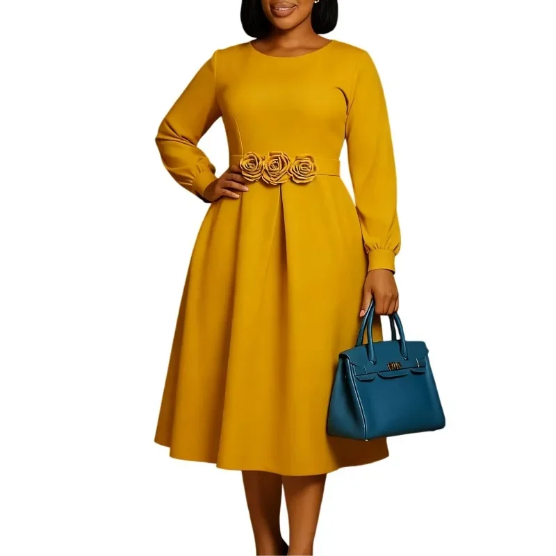 الخريف الشتاء أزياء المرأة الأفريقية طويلة الأكمام س الرقبة البوليستر عالية الخصر حزب مساء ميدي اللباس Dashiki فساتين الأفريقية #4