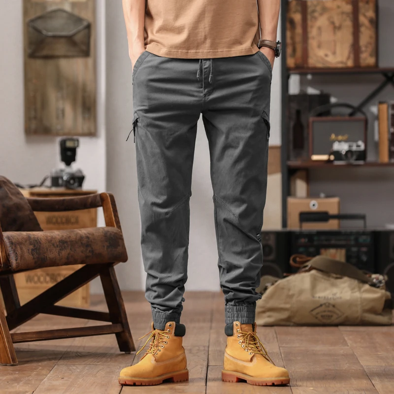 Safari Style Pockets Spliced Trousers Men\'s Clothing Loose Chic Drawstring Elastic Spring Summer Solid Color Casual Cargo Pants