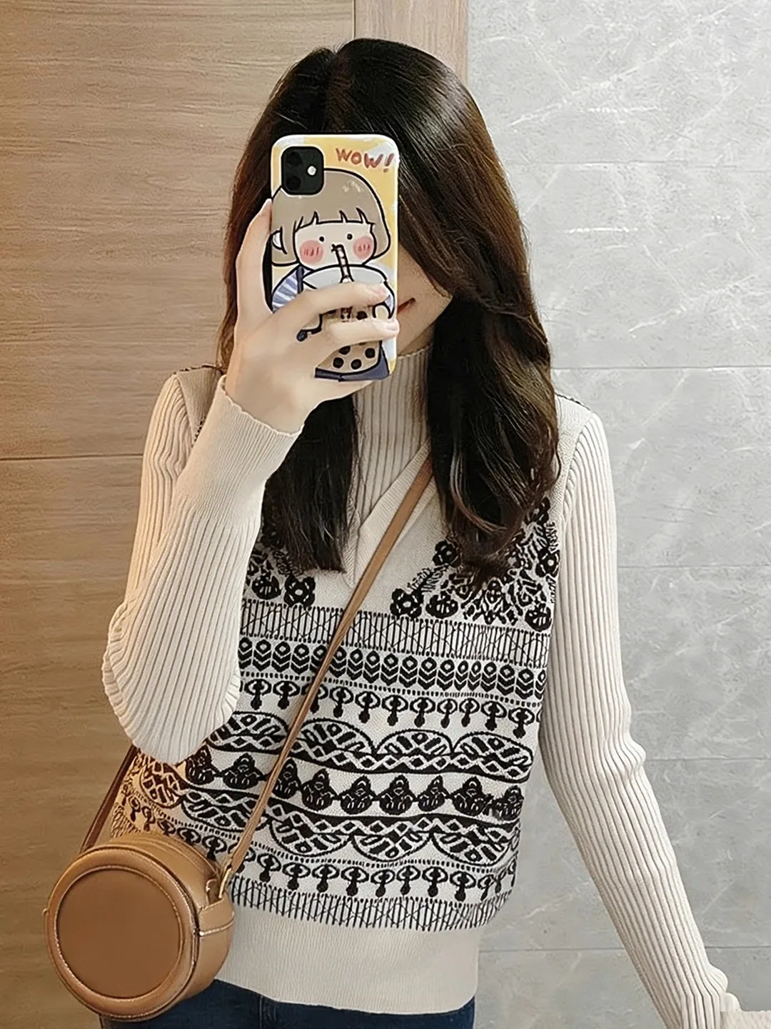 

Women's Geometric Knitted Vest f High Collar Loose Fit Inner Wear Faux Two-Piece Design Autumn Winter New Sle Knitwear