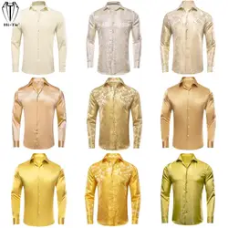 Hi-Tie Gold Beige Ivory Champagne Silk Mens Shirts Lapel Long Sleeve Dress Shirt Jacquard Blouse for Male Wedding Business Prom
