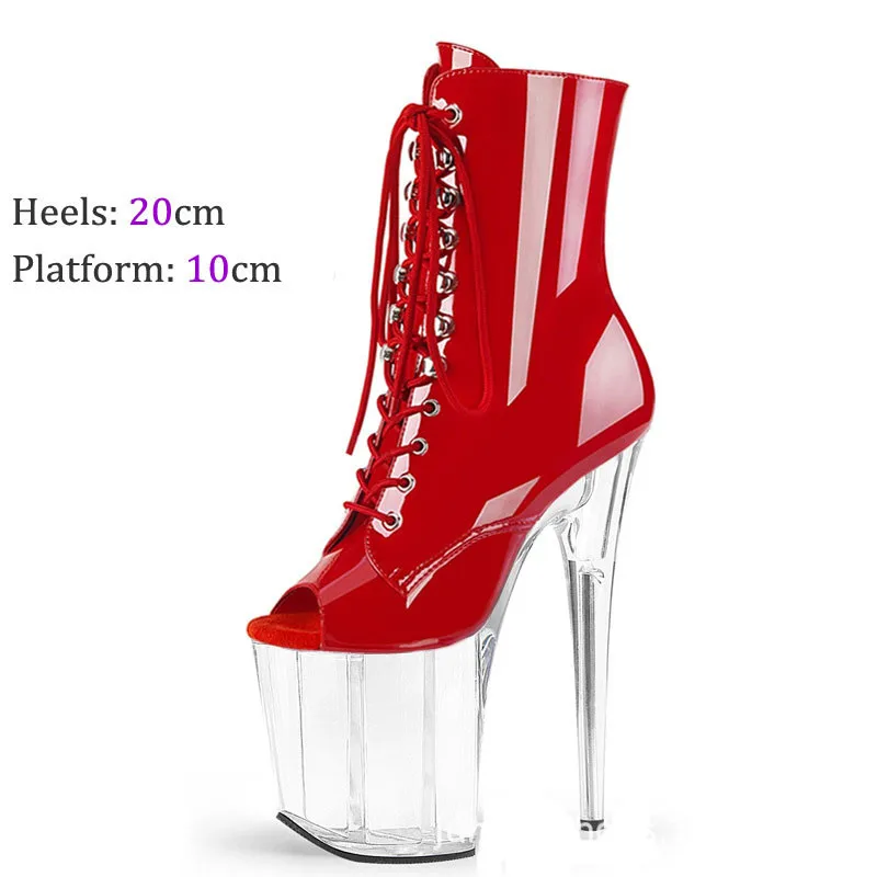 20cm transparent waterproof table nightclub sexy fish mouth ankle boots with lace-up high heels pole dancing model runway shoes