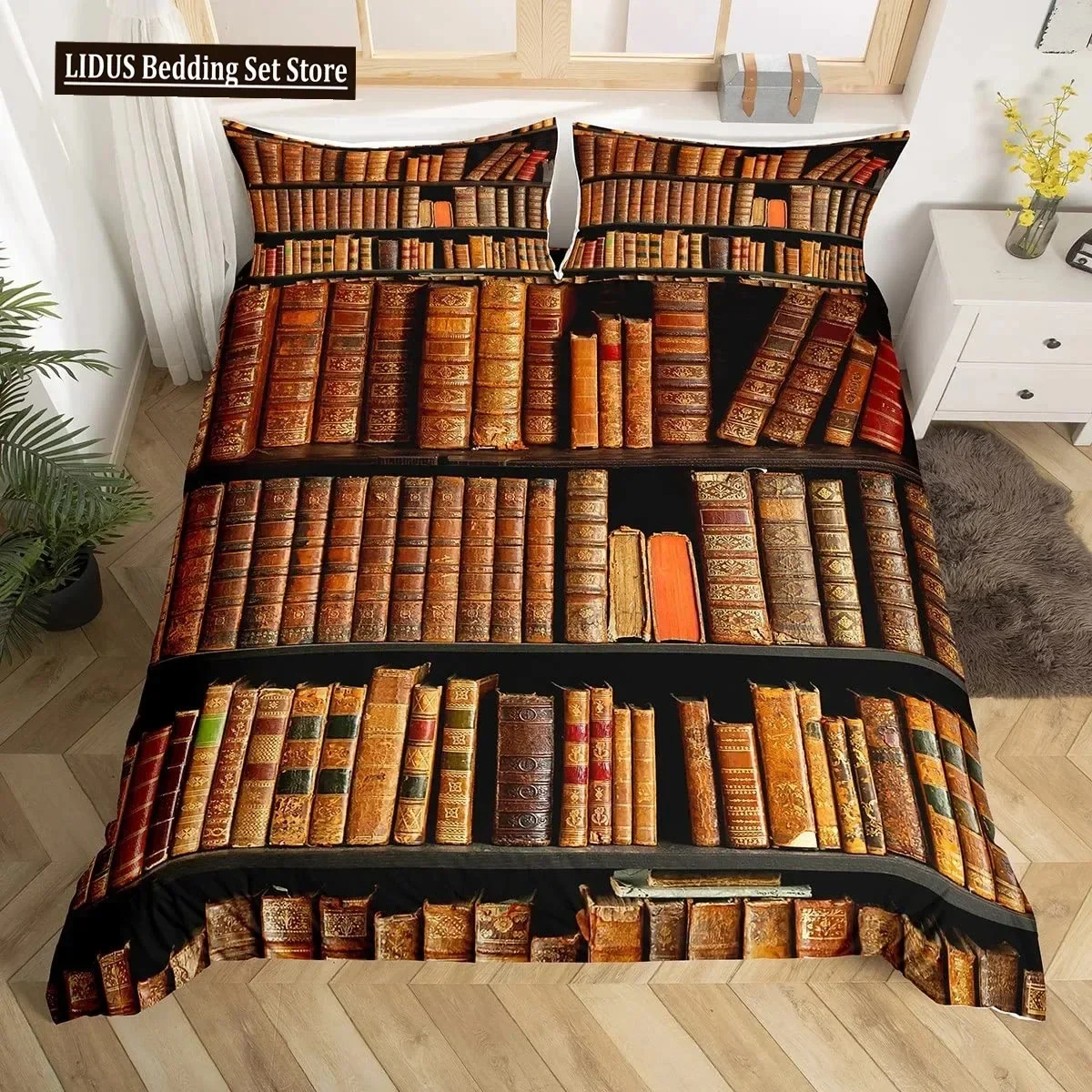 

Books Lovers Gift Duvet Cover Set Full Size,Readers and Literary Lover Bedding Sets,Vintage Librarians Bookshelf Comforter Cover