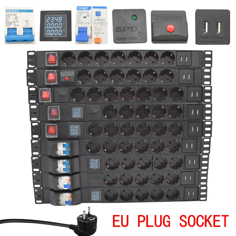 

19inch PDU Power Distribution Unit Strip ammeter air switch SPD 2 usb German Socket Break Switch Aluminum alloy shell