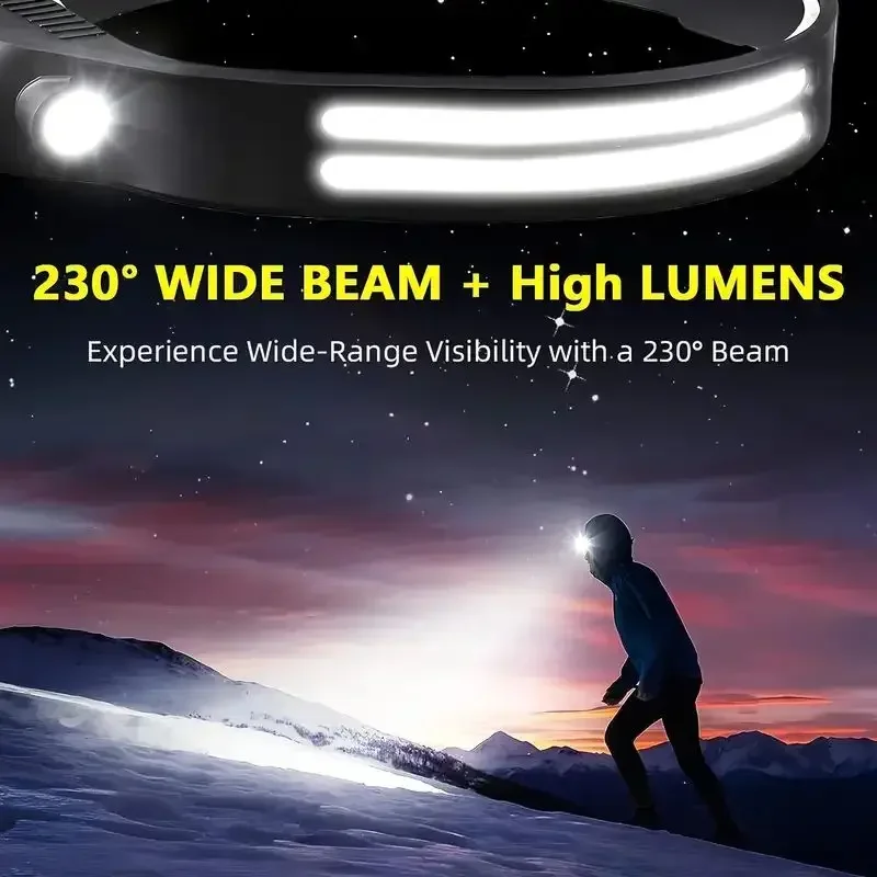 Linterna frontal con Sensor LED, batería integrada, recargable por USB, linterna frontal COB, linterna frontal LED, luz de búsqueda para pesca y acampada