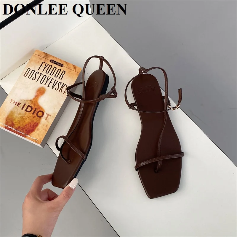 2024 Summer Sandals Women Flat Square Toe Fashion Brand Narrow Band Sandal Casual Slipper Shoes Vintage Open Toe Sandalias Mujer