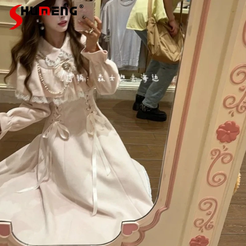 

Spring Autumn Rojita Clear Style Woolen Coat Thickened Dress Pink Turn-down Collar Lace-up Long-sleeves Slimming Vestidos Mujer