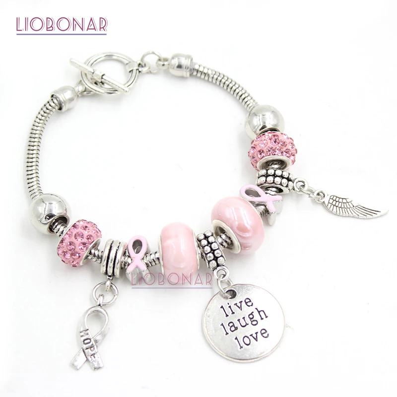 1PC Breast Cancer Awareness Bracelet Pink Ribbon Live Laugh Love Charms Bracelet For Breast Cancer Bijoux Pulsera