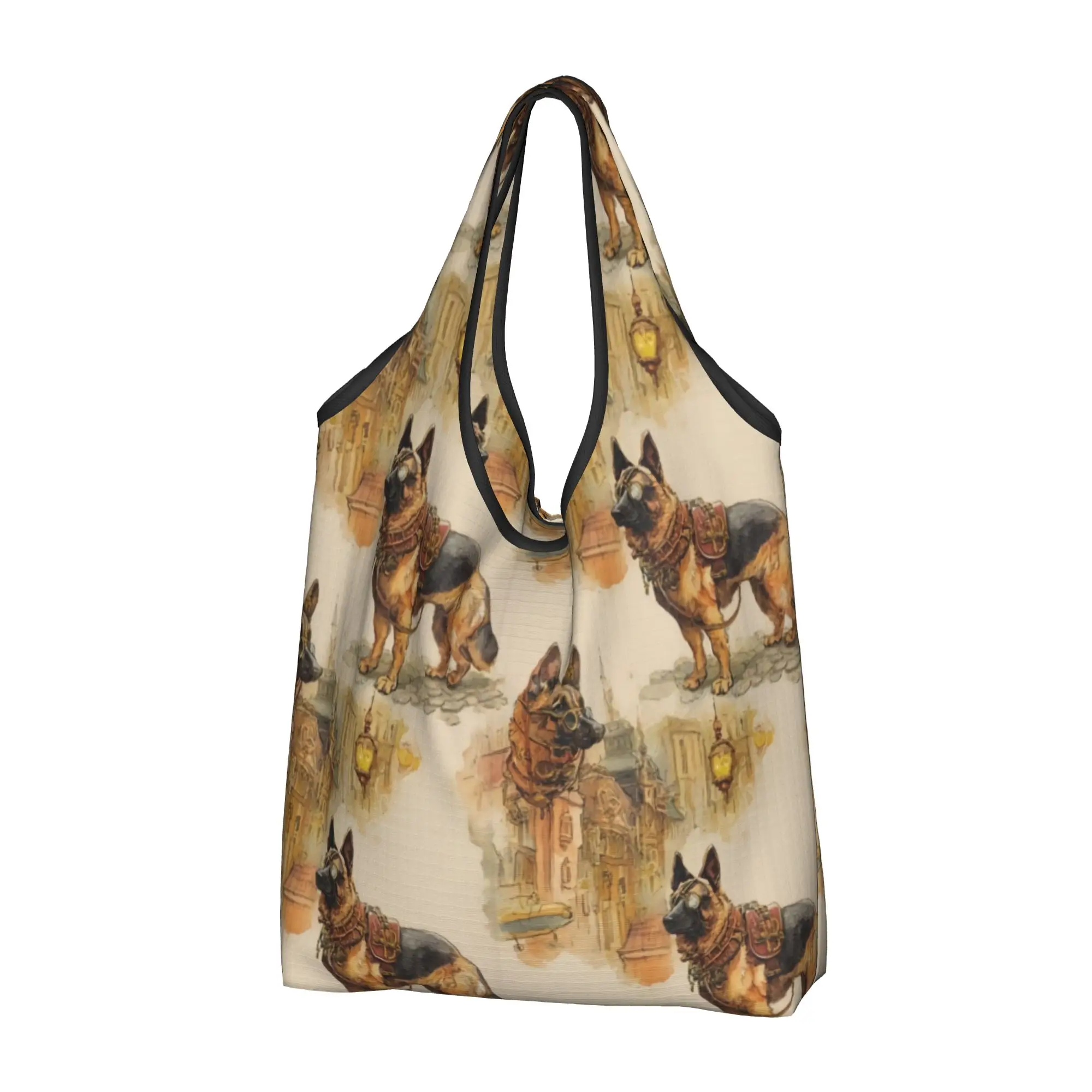 Steampunk Aesthetic German Shepherds Grocery Shopping Bag Custom Shopper Shoulder Tote Bag Large Capacity Portable  Handbag