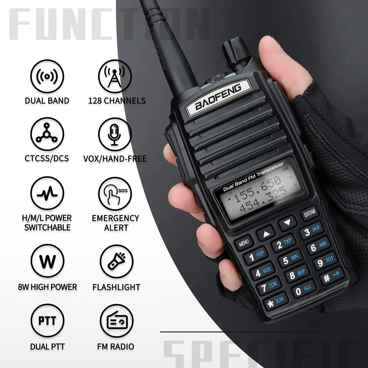 BAOFENG-UV-82 Walkie Talkie, Optional 5W Radio, Dual PTT, Two Way Radio, Dual Band, UHF, VHF Receiver, 10 km, 8W