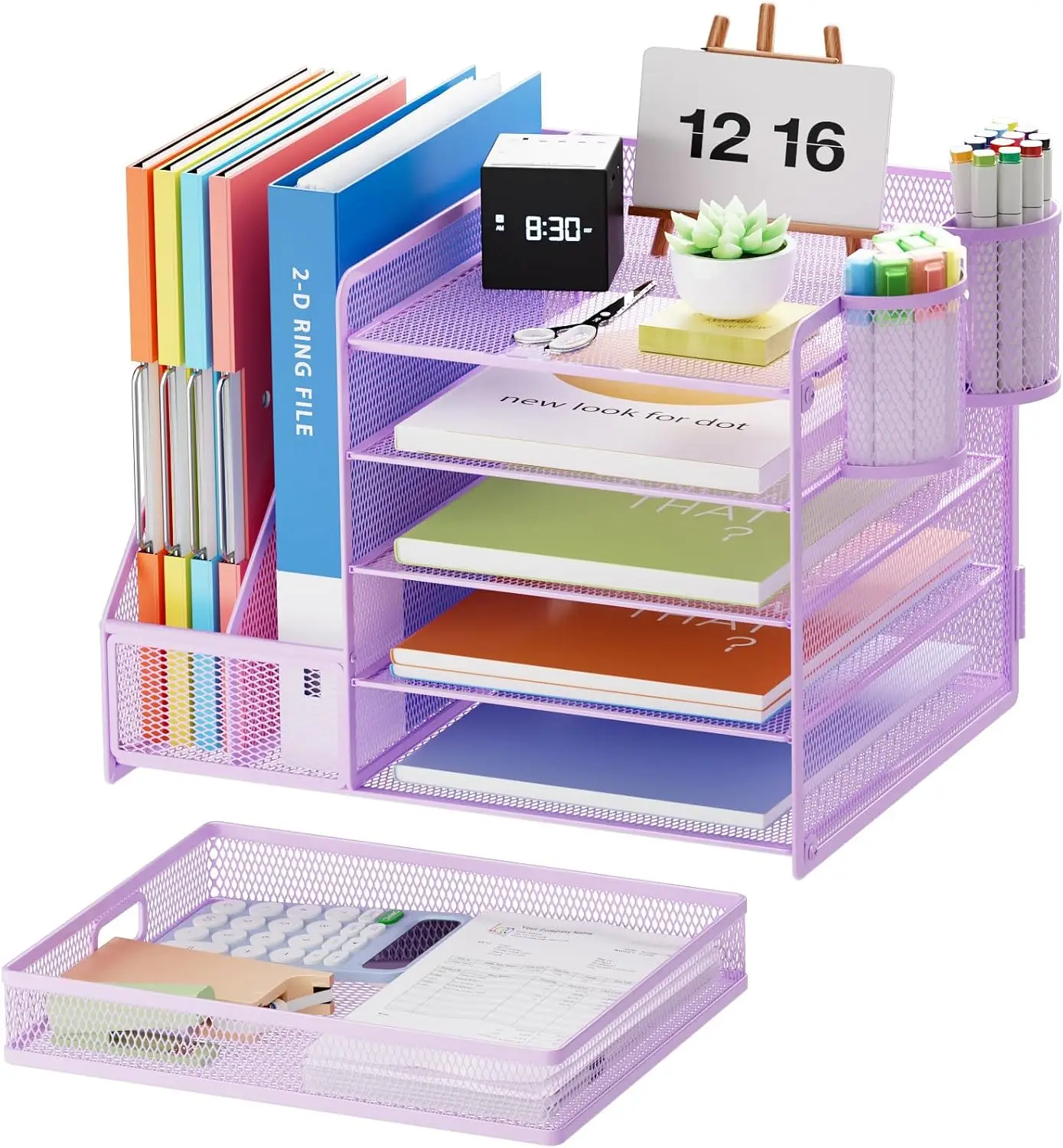 5-Tier Paper Alphabet Tray Organizer with Drawer and 2 Pen Holders, Mesh Desktop Organizer with Magazine Holder