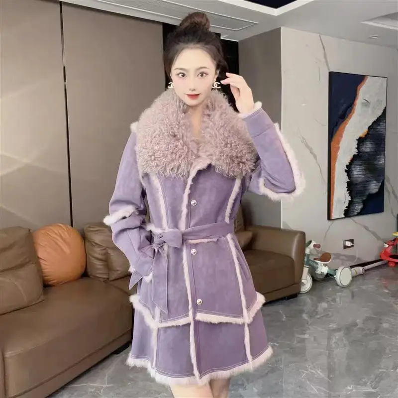 

2024Sheepskin Coat For Women，Leather ，Winter Coat Fur For Rabbit Hair Lining Sheepskin Collar Luxurious Long Style