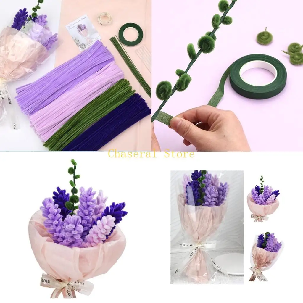 

E7CE Pipe Cleaners Craft Supplies with Floral Stem Wires Wrapping Paper for Lavender Bouquet Making,Kids DIY Craft Projects