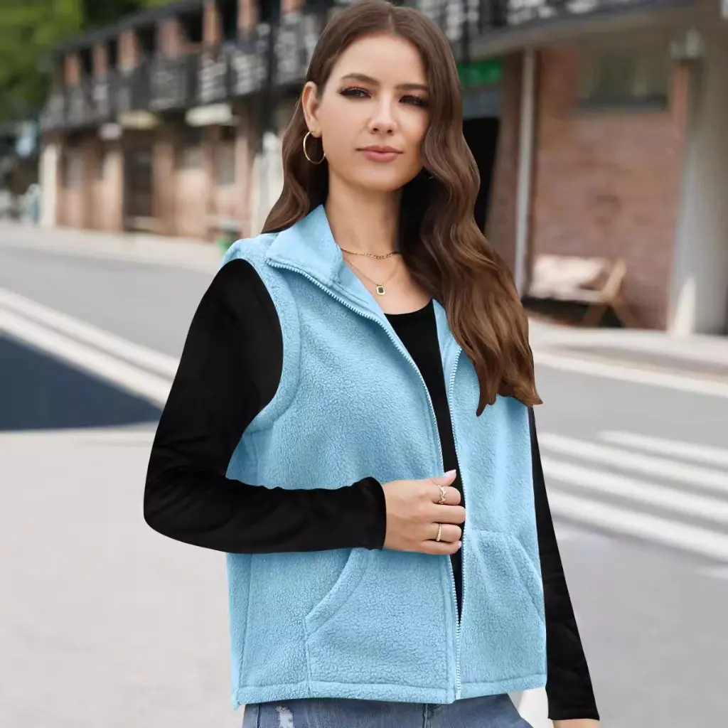 

Women's Fleece Zipper Lapel Vest European American Style Fashion plus Size Warmth Layering Top