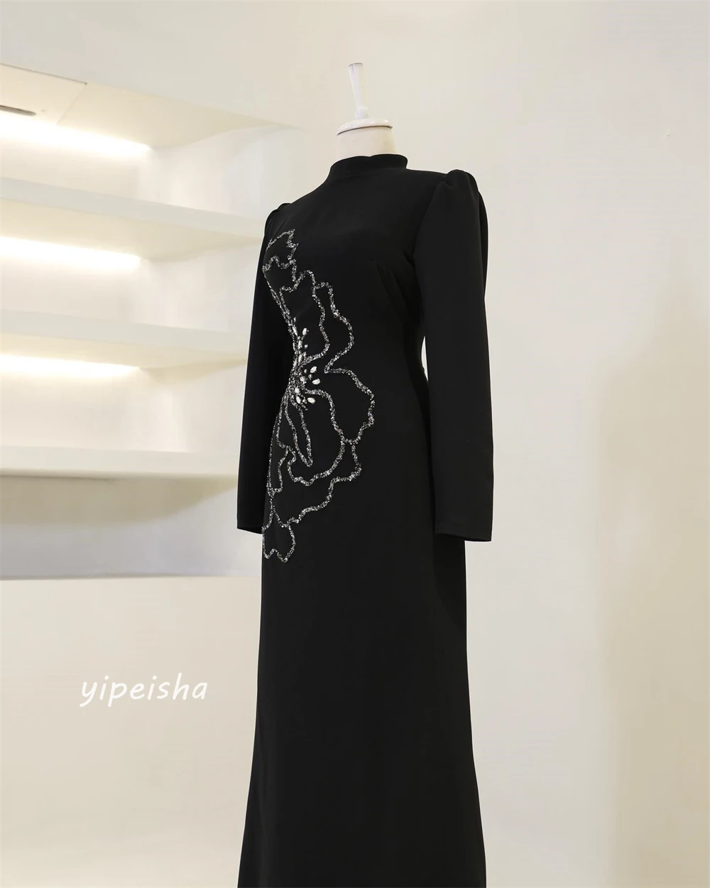 Jersey Flower Sequined Beading Ruched Valentine's Day A-line High Collar Bespoke Occasion Gown Midi Dresses