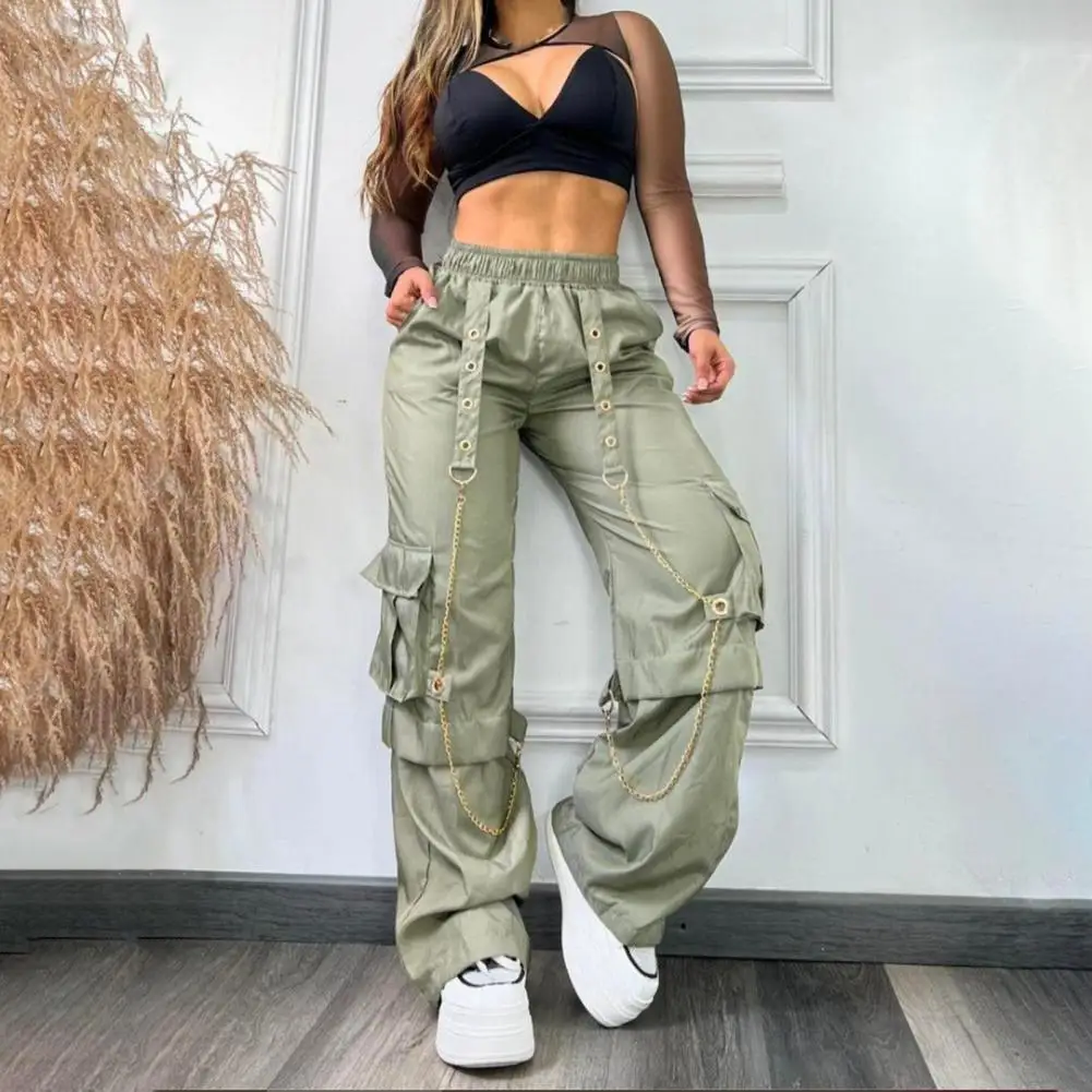 

Street Style Pants Stylish Women's Cargo Pants with Chain Straps High Waist Design Multi Pockets Trendy Wide Leg for Ladies