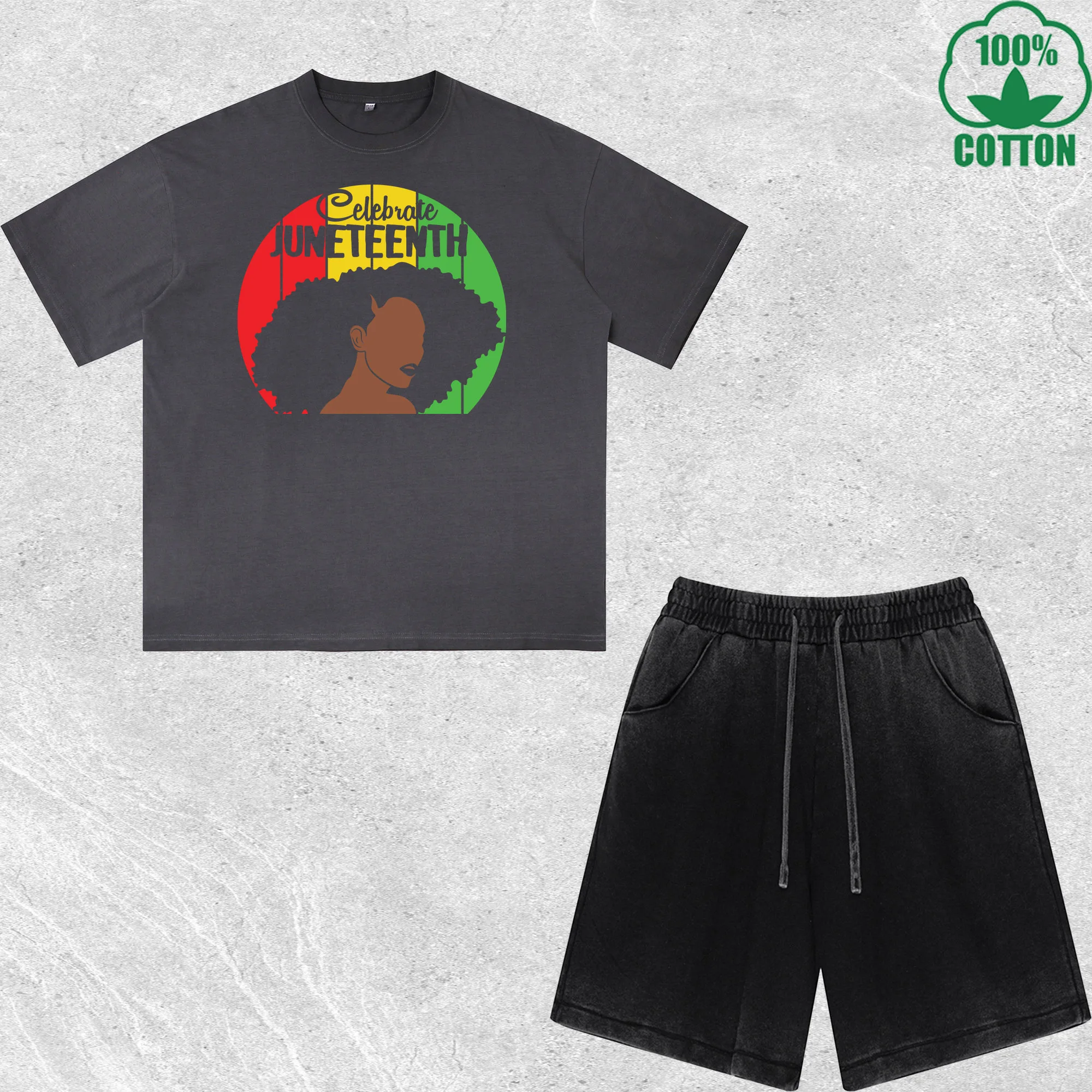 

Juneteenth Printed Dirty Wash T-Shirt Shorts Set Multicolor Combo Loose Trendy Fashionable 100%Cotton Short Value Pack