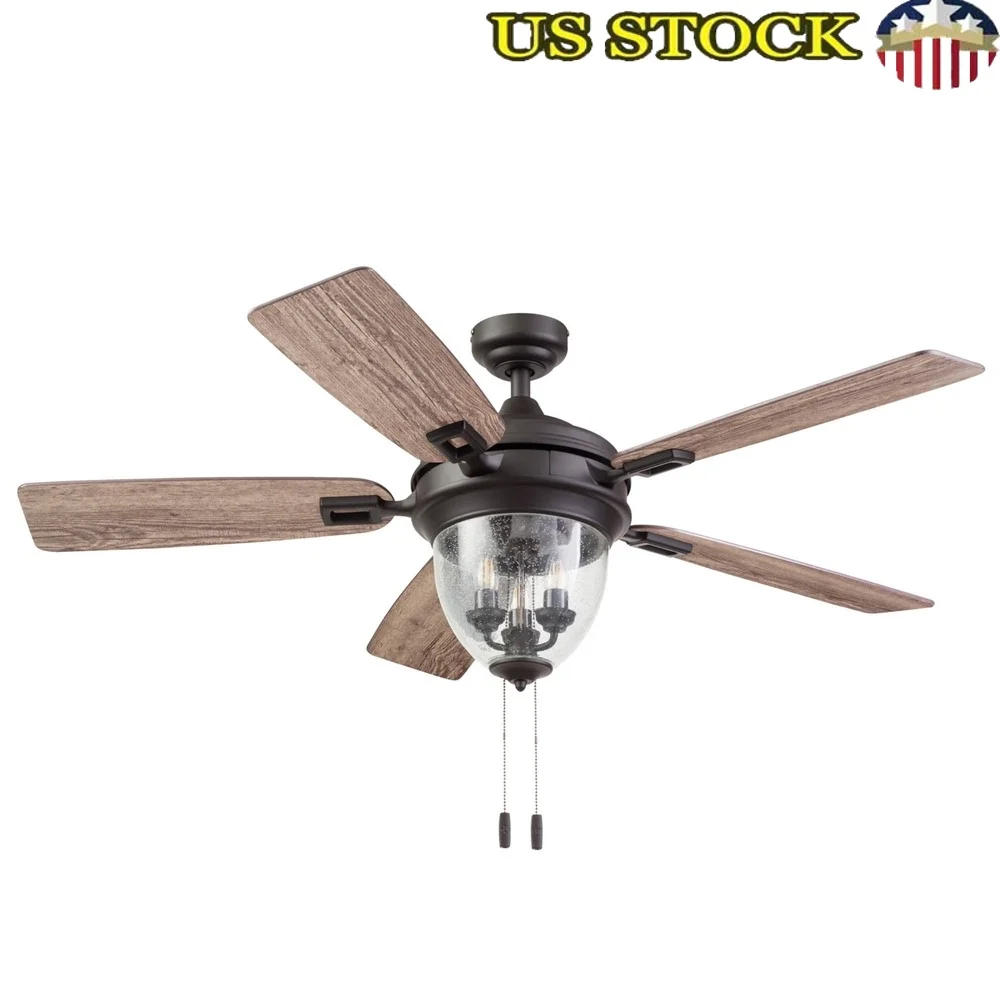 

52 Inch Industrial Oil Rubbed Bronze LED Ceiling Fan with Light Quiet Reversible Motor Dual Finish Blades Tri-Mount Options