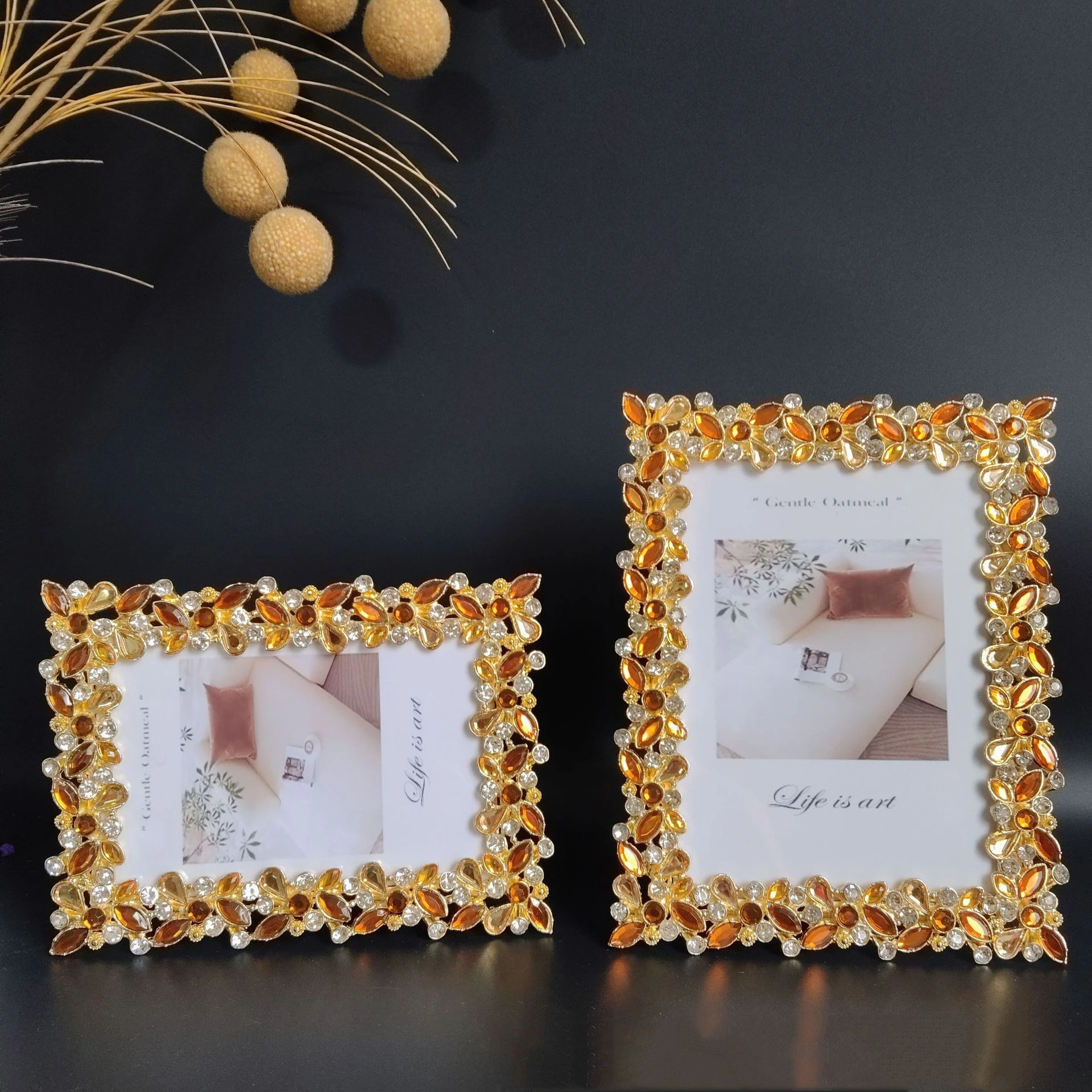 Modern Fashion Luxury Inlaid Topaz Metal Photo Frame Home Study Tabletop Decoration Party Gift