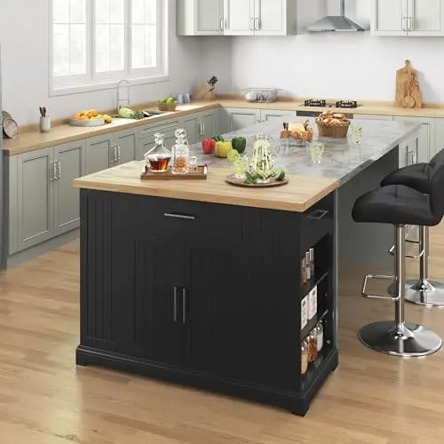 Rolling Kitchen Island Cart with 3 Drawers & Open Shelves, Black | Mobile Kitchen Island with Storage on Wheels with image 3