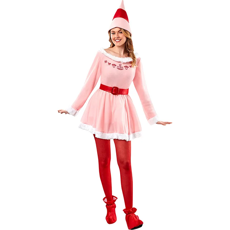 

Christmas Elf Cosplay Costume Women Pink Long Sleeve Dress Red Hat Fancy Party Carnival New Year Clothes Adult Female