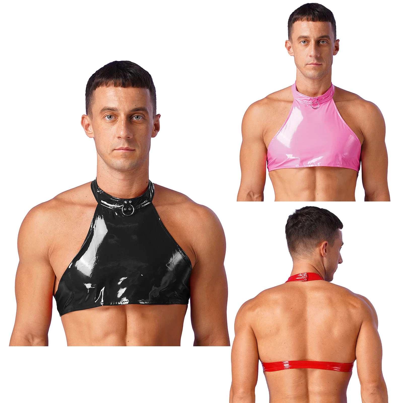 Men Fashion O Ring Halter Vest Crop Tops Wetlook Latex Backless Sleeveless Patent Leather Camisole for Party Club Music Festival