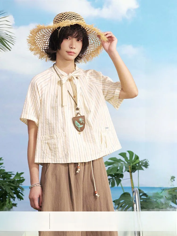 

Saotome Holiday Checkered Loose Short Sleeve Shirt Women's Casual Style A-Line Tie-Dye Breathable Cotton Polyester Blend