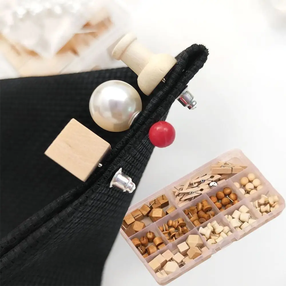 114Pcs Decorative Wood Push Pins Various Style Wooden Drawing Thumb Tacks Fixing Photos with Storage Box Cork Board Thumbtack