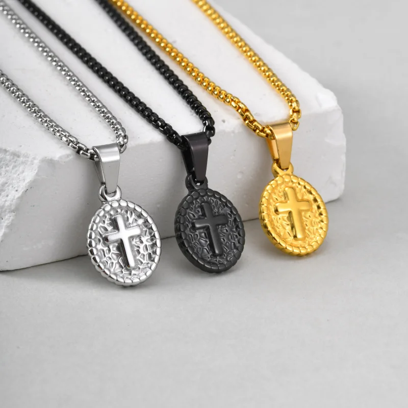 

Vintage Men's Stainless Steel Cross-Shaped Oval Pendant Necklace Casual Jewelry Couple Gift
