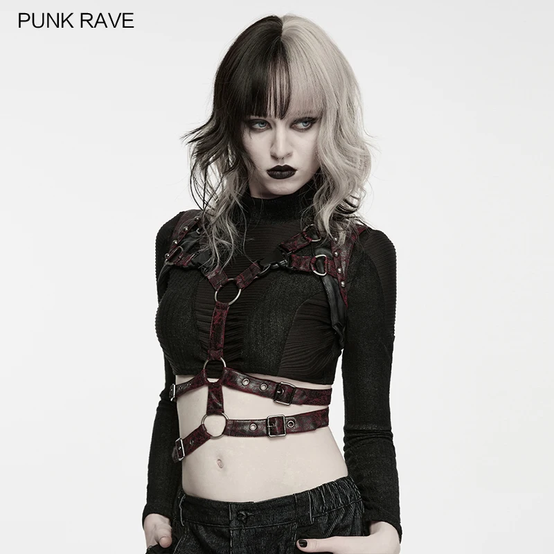 PUNK RAVE Women's Punk Metal Rings Faux Leather Symmetrical Webbing Structure Harness Cool Rock-punk Corset Accessories